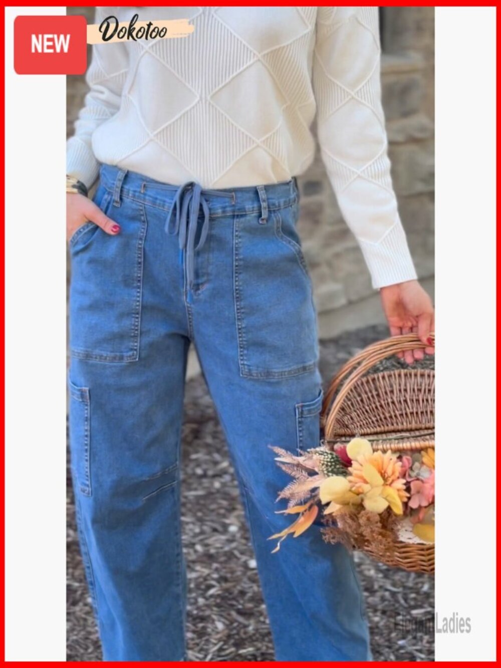 High Waisted Straight Wide Leg Cargo Jeans Loose Fit Cotton Denim Pants - Picture 7 of 7